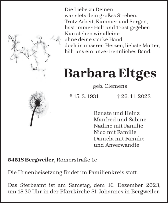 Traueranzeige von Barbara Eltges von trierischer_volksfreund