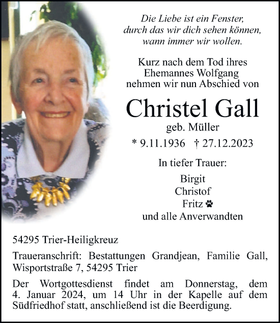 Traueranzeige von Christel Gall von trierischer_volksfreund