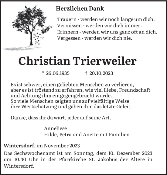 Traueranzeige von Christian Trierweiler von trierischer_volksfreund