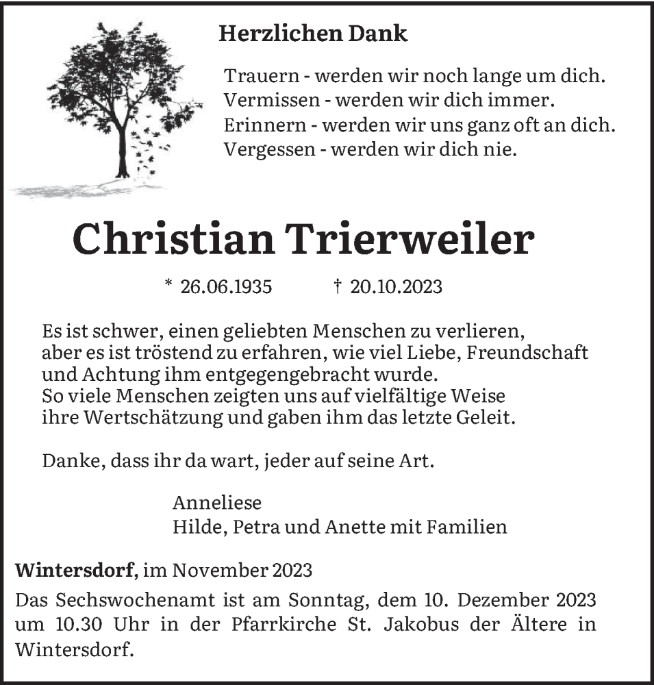  Traueranzeige für Christian Trierweiler vom 02.12.2023 aus trierischer_volksfreund