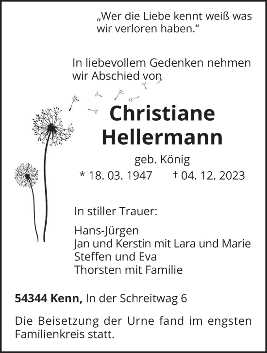 Traueranzeige von Christiane Hellermann von trierischer_volksfreund