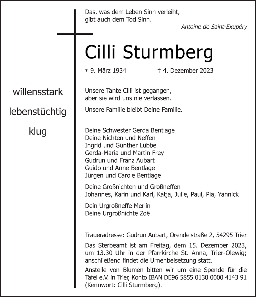  Traueranzeige für Cilli Sturmberg vom 09.12.2023 aus trierischer_volksfreund