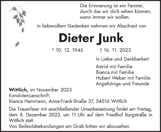 Traueranzeige von Dieter Junk von trierischer_volksfreund