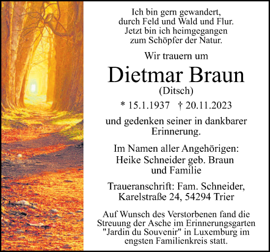 Traueranzeige von Dietmar Braun von trierischer_volksfreund