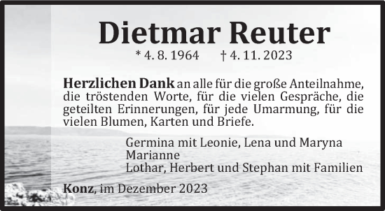 Traueranzeige von Dietmar Reuter von trierischer_volksfreund