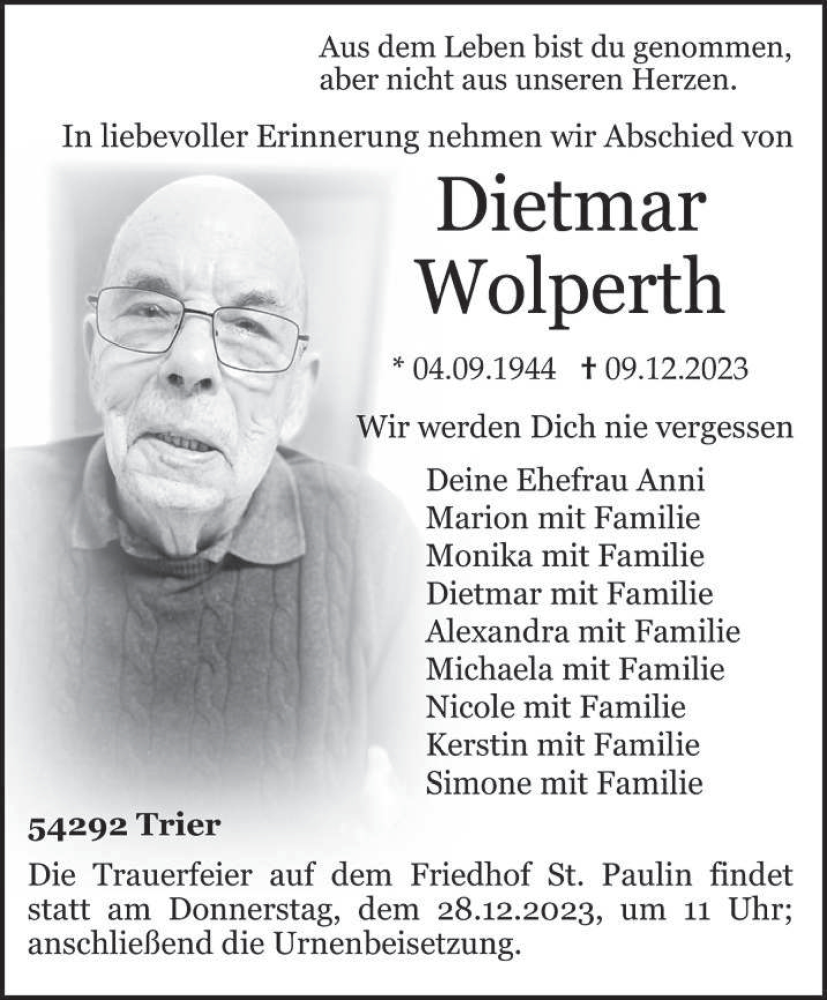  Traueranzeige für Dietmar Wolperth vom 23.12.2023 aus trierischer_volksfreund