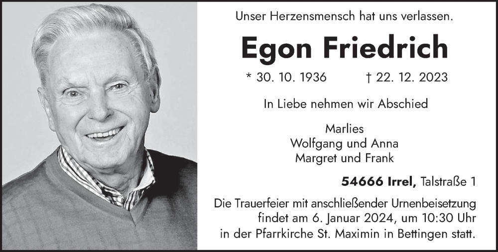  Traueranzeige für Egon Friedrich vom 30.12.2023 aus trierischer_volksfreund