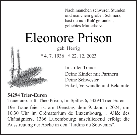 Traueranzeige von Eleonore Prison von trierischer_volksfreund