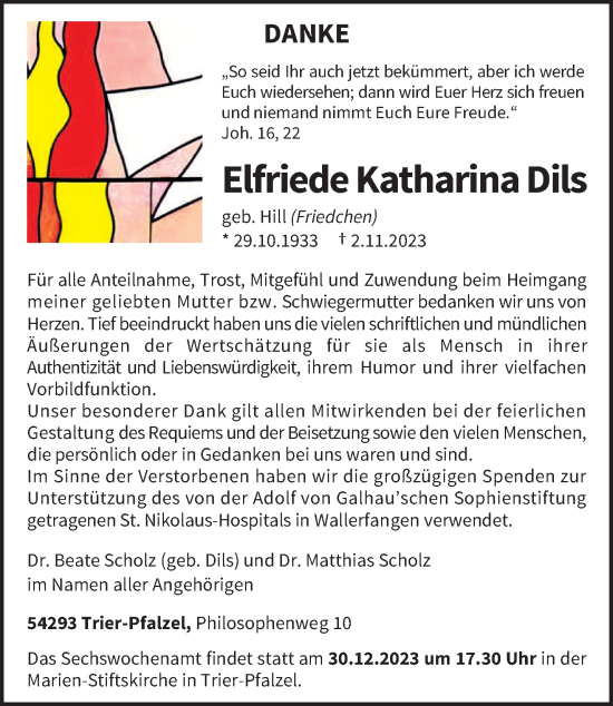 Traueranzeige von Elfriede Katharina Dils von trierischer_volksfreund