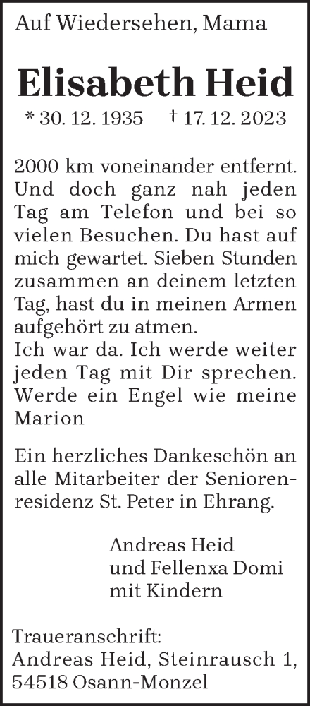 Traueranzeige von Elisabeth Heid von trierischer_volksfreund