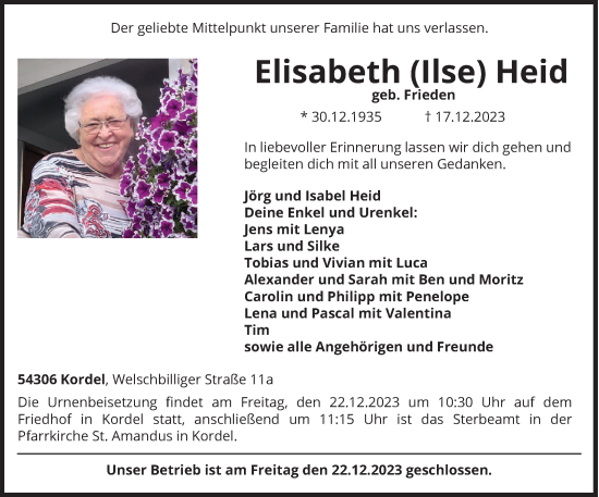 Traueranzeige von Elisabeth Heid von trierischer_volksfreund