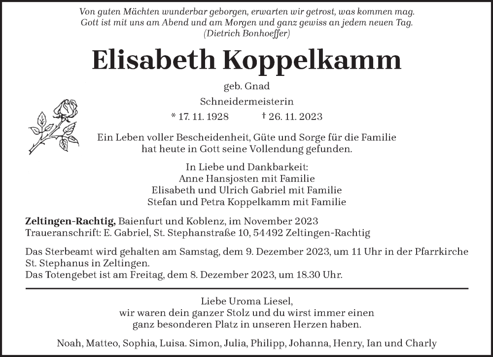 Traueranzeige für Elisabeth Koppelkamm vom 02.12.2023 aus trierischer_volksfreund