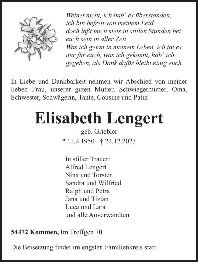  Traueranzeige für Elisabeth Lengert vom 30.12.2023 aus trierischer_volksfreund