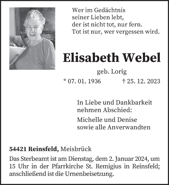 Traueranzeige von Elisabeth Webel von trierischer_volksfreund