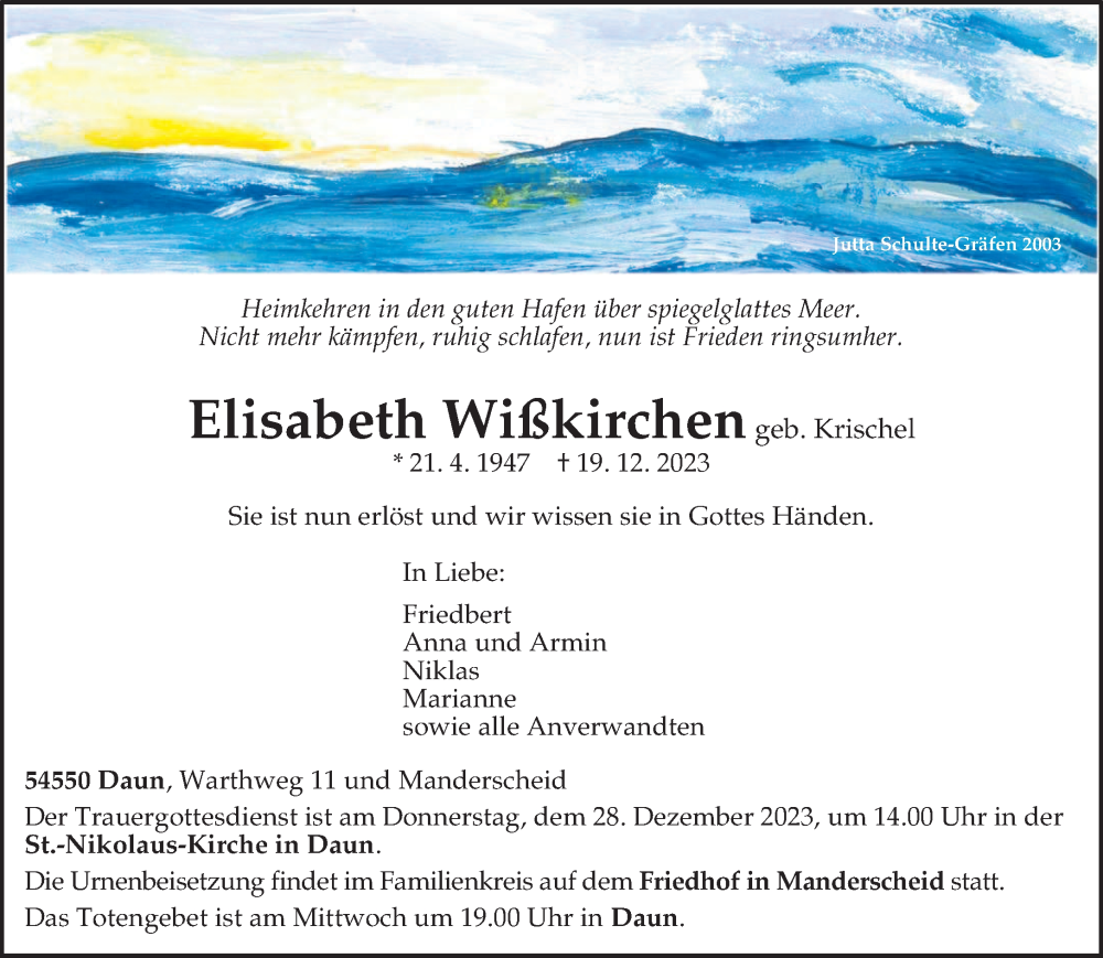  Traueranzeige für Elisabeth Wißkirchen vom 23.12.2023 aus trierischer_volksfreund