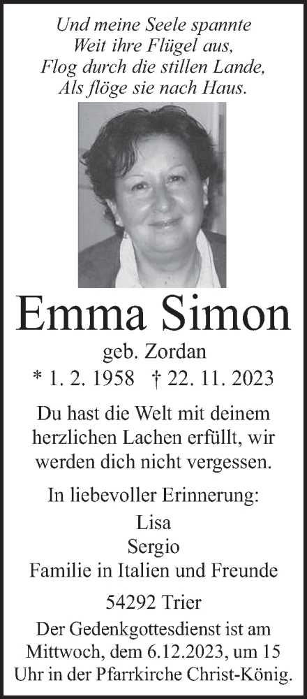 Traueranzeige von Emma Simon von trierischer_volksfreund