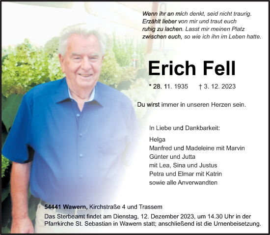 Traueranzeige von Erich Fell von trierischer_volksfreund