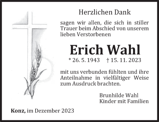 Traueranzeige von Erich Wahl von trierischer_volksfreund