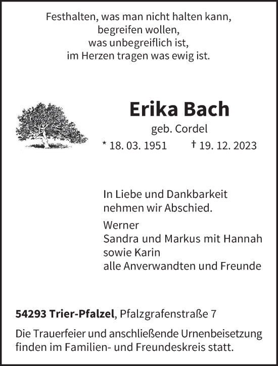 Traueranzeige von Erika Bach von trierischer_volksfreund
