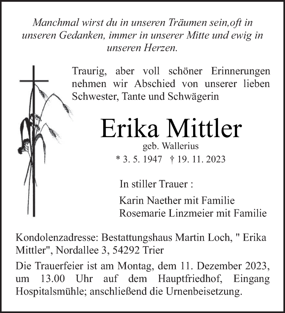  Traueranzeige für Erika Mittler vom 02.12.2023 aus trierischer_volksfreund