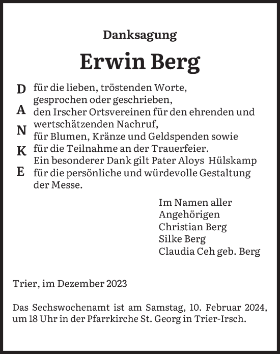 Traueranzeige von Erwin Berg von trierischer_volksfreund
