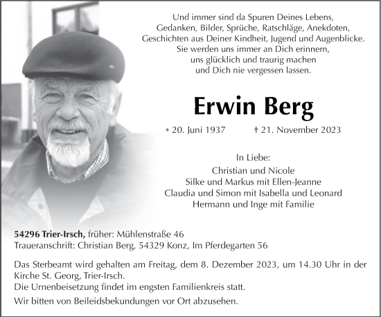 Traueranzeige von Erwin Berg von trierischer_volksfreund