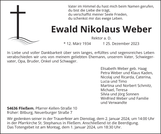 Traueranzeige von Ewald Nikolaus Weber von trierischer_volksfreund