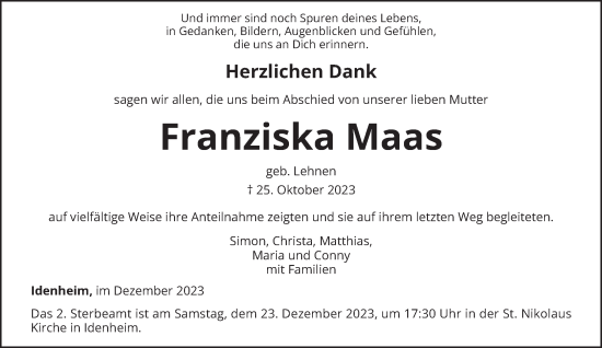 Traueranzeige von Franziska Maas von trierischer_volksfreund