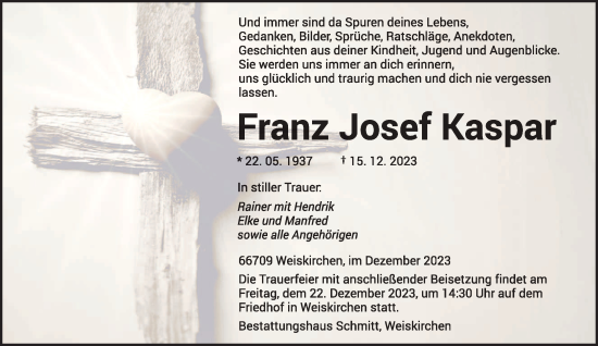 Traueranzeige von Franz Josef Kaspar von trierischer_volksfreund