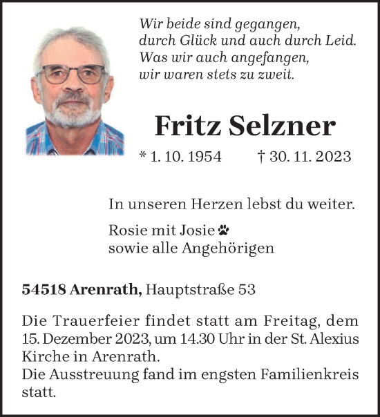 Traueranzeige von Fritz Selzner von trierischer_volksfreund