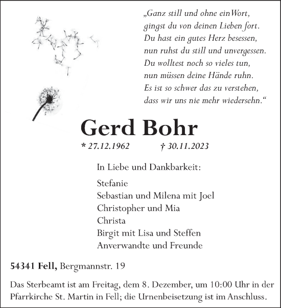 Traueranzeige von Gerd Bohr von trierischer_volksfreund