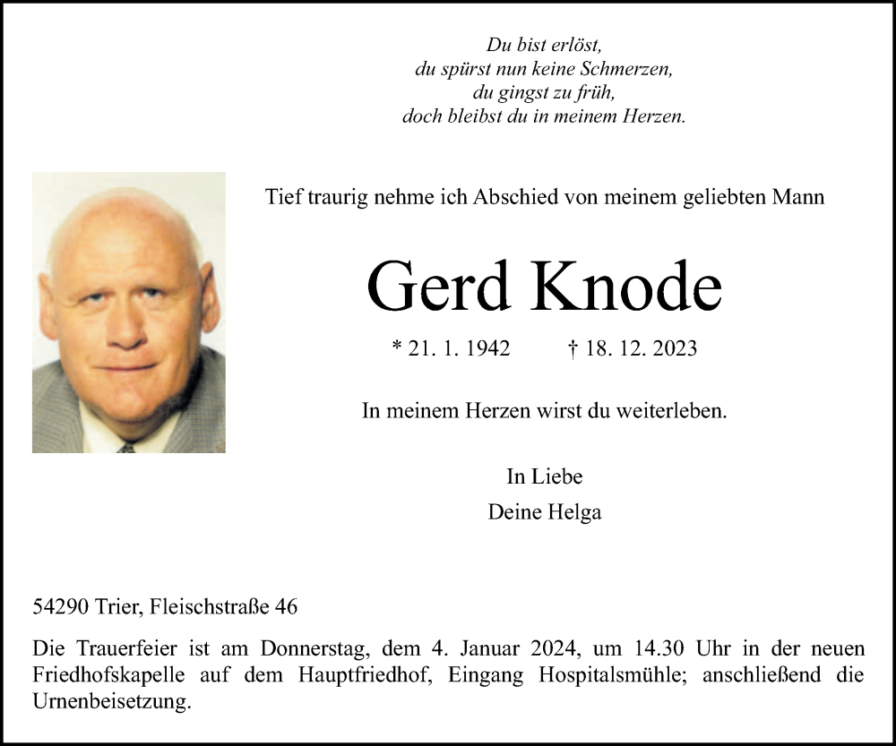  Traueranzeige für Gerd Knode vom 30.12.2023 aus trierischer_volksfreund