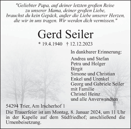 Traueranzeige von Gerd Seiler von trierischer_volksfreund