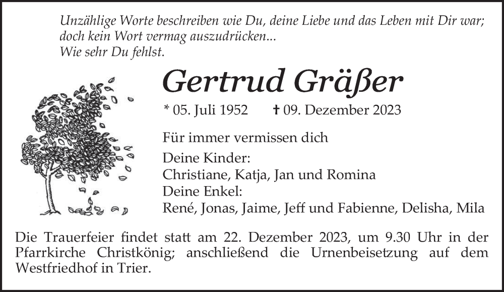  Traueranzeige für Gertrud Gräßer vom 16.12.2023 aus trierischer_volksfreund