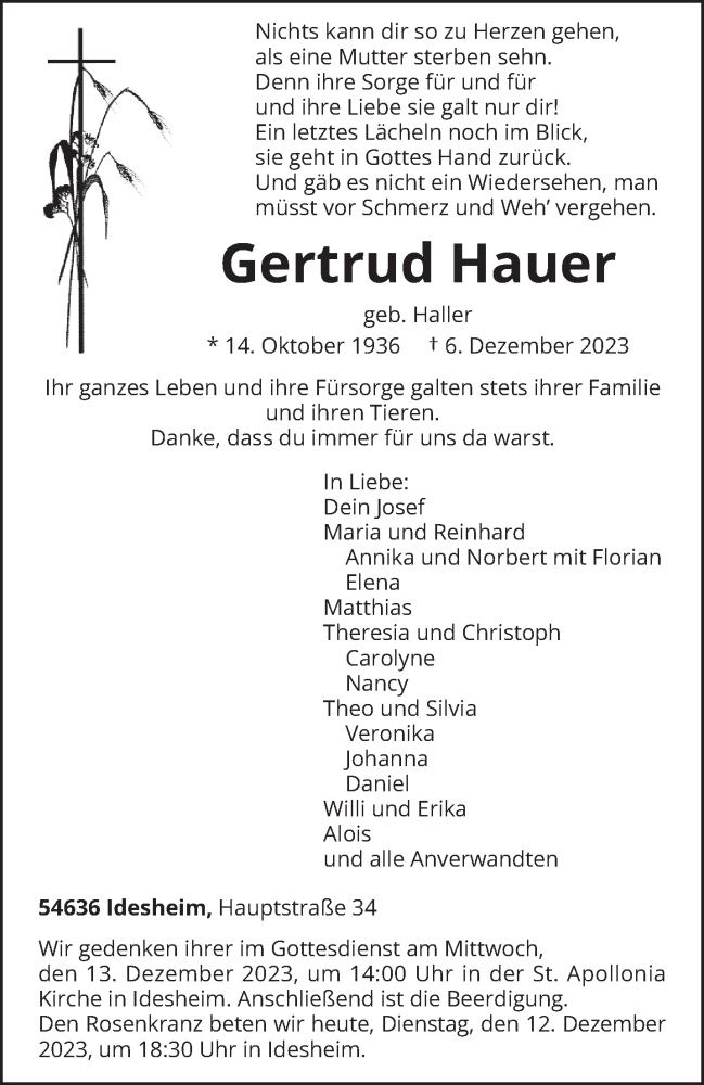  Traueranzeige für Gertrud Hauer vom 12.12.2023 aus trierischer_volksfreund