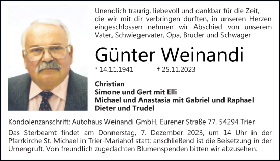 Traueranzeige von Günter Weinandi von trierischer_volksfreund