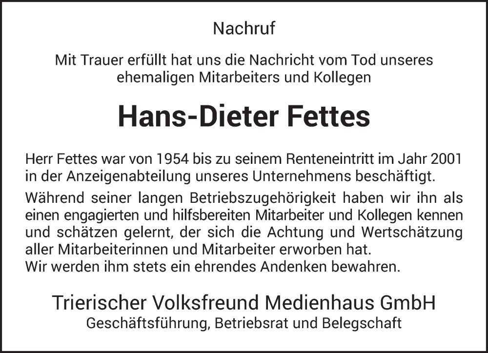  Traueranzeige für Hans-Dieter Fettes vom 02.12.2023 aus trierischer_volksfreund