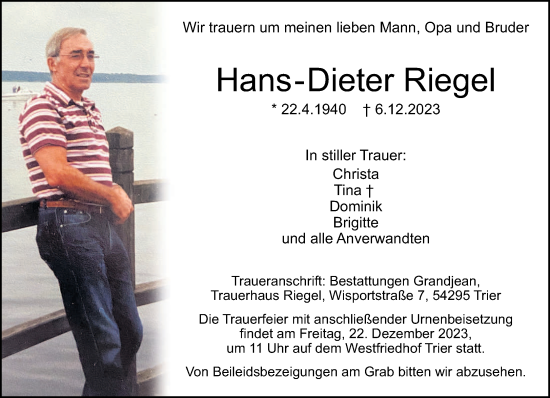Traueranzeige von Hans-Dieter Riegel von trierischer_volksfreund