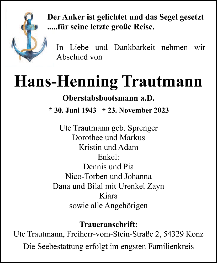  Traueranzeige für Hans-Henning Trautmann vom 02.12.2023 aus trierischer_volksfreund