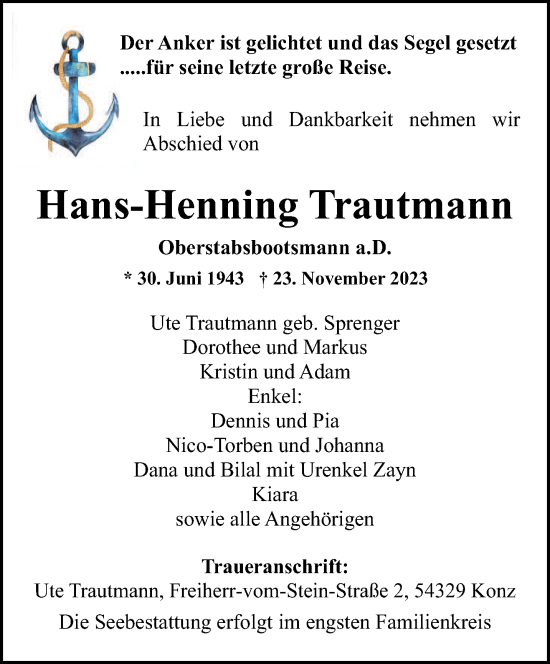 Traueranzeige von Hans-Henning Trautmann von trierischer_volksfreund
