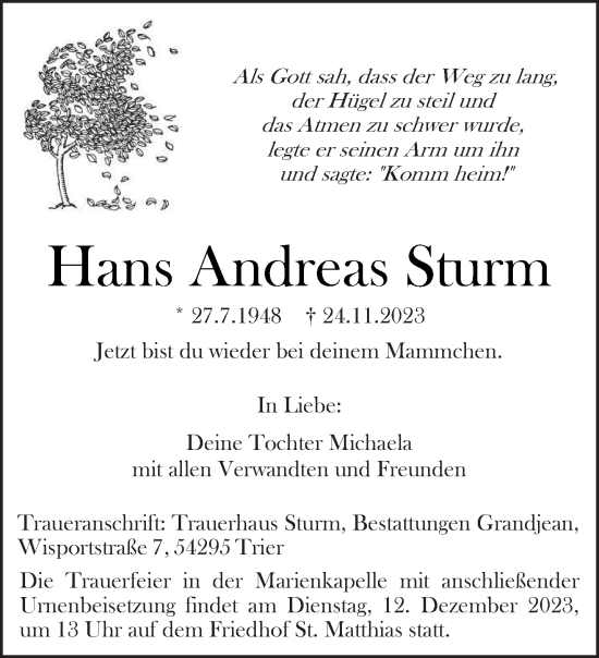Traueranzeige von Hans Andreas Sturm von trierischer_volksfreund