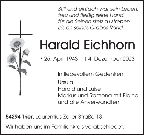 Traueranzeige von Harald Eichhorn von trierischer_volksfreund