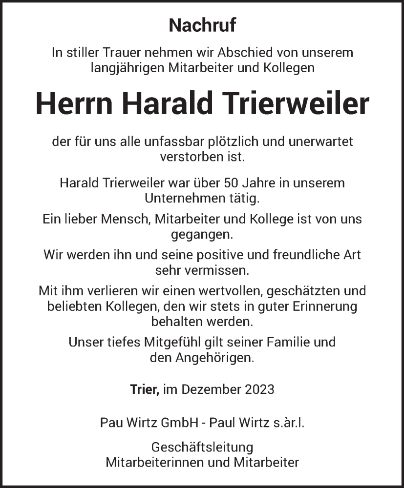  Traueranzeige für Harald Trierweiler vom 30.12.2023 aus trierischer_volksfreund