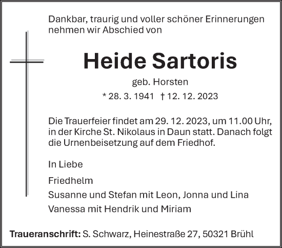 Traueranzeige von Heide Sartoris von trierischer_volksfreund