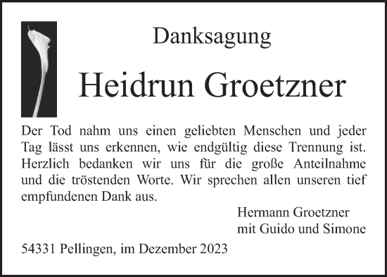 Traueranzeige von Heidrun Groetzner von trierischer_volksfreund