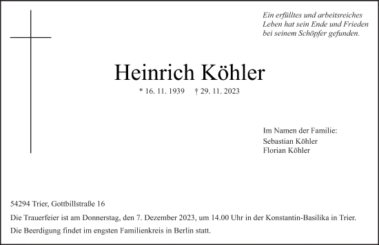 Traueranzeige von Heinrich Köhler von trierischer_volksfreund
