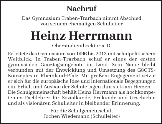 Traueranzeige von Heinz Herrmann von trierischer_volksfreund