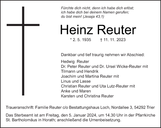 Traueranzeige von Heinz Reuter von trierischer_volksfreund