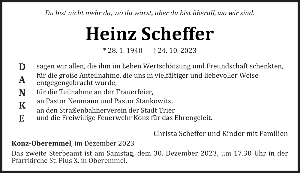  Traueranzeige für Heinz Scheffer vom 20.12.2023 aus trierischer_volksfreund