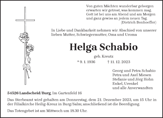 Traueranzeige von Helga Schabio von trierischer_volksfreund